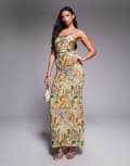 [Tiger Mist] Tiger Mist Elysium sequin trim cami tie low back maxi dress in vintage animal print-Multi XL GREEN ANIMAL SWIRL
