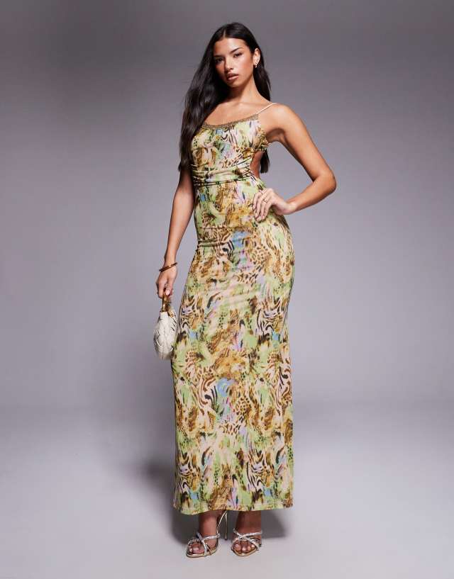 Tiger Mist Elysium sequin trim cami tie low back maxi dress in vintage animal print