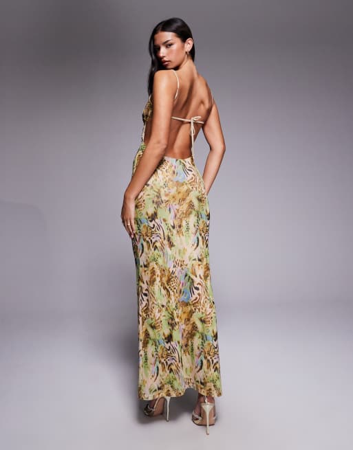 Tiger Mist Elysium sequin trim cami tie low back maxi dress in vintage  animal print