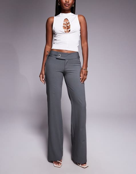 Tiger Mist - Emory - 90s Elegante gestreepte flare-broek met oogjes en strikceintuur aan de zijkant en een lage taille in antracietgrijs - view 1