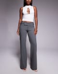 [Tiger Mist] Tiger Mist Emory 90s tailored low rise eyelet tie side detail flared pants in charcoal pinstripe-Grey S Grey stripe