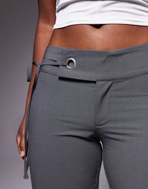 Tiger Mist Emory 90s tailored low rise eyelet tie side detail flared trousers in charcoal pinstripe, 4 of 5