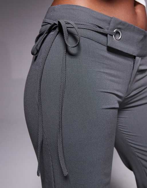 Tiger Mist Emory 90s tailored low rise eyelet tie side detail flared trousers in charcoal pinstripe, 5 of 5