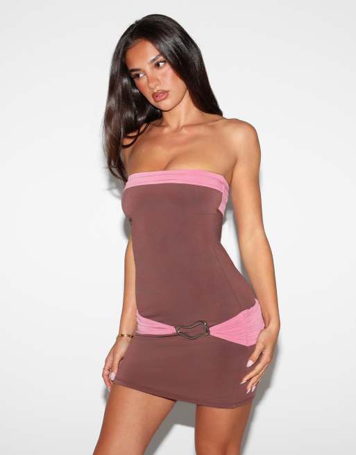 Tiger Mist Eos bandeau open back gold hardware detail mini dress in chocolate and pink, 2 of 4