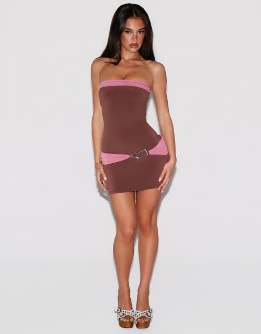 Tiger Mist Eos bandeau open back gold hardware detail mini dress in chocolate and pink, 4 of 4