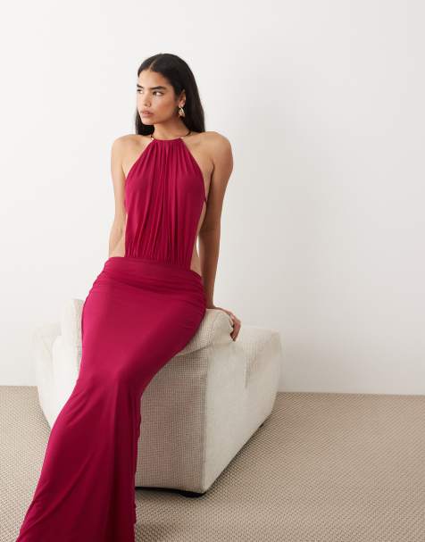Tiger Mist Evanna choker halterneck open tie back maxi dress in berry - view 1
