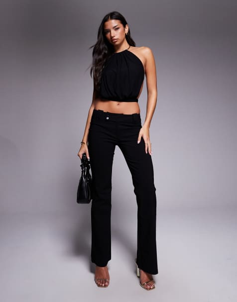 Tiger Mist Evanna metal choker detail cut out tie open back top and flared trousers co-ord in black - view 1