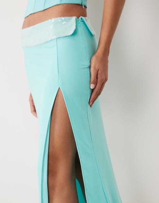 Tiger Mist exclusive Charlyze sequin trim fishtail maxi skirt co-ord in aqua , 4 of 5