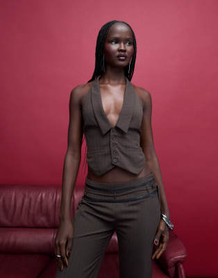 Tiger Mist Fedra Tailored Halterneck Strappy Open Tie Back Collar Detail Vest Top In Brown