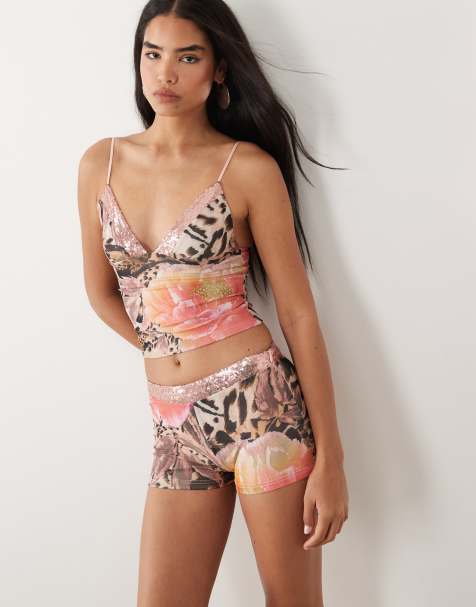 Tiger Mist – Fenella – Krótkie szorty z cekinowym wykończeniem w kwiatowy wzór w panterkę w stylu vintage ., część zestawu - view 1