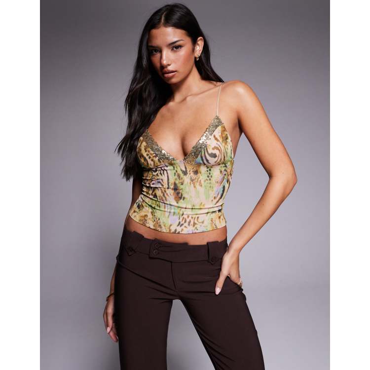 Tiger Mist Fenella sequin trim plunge cami top in vintage animal