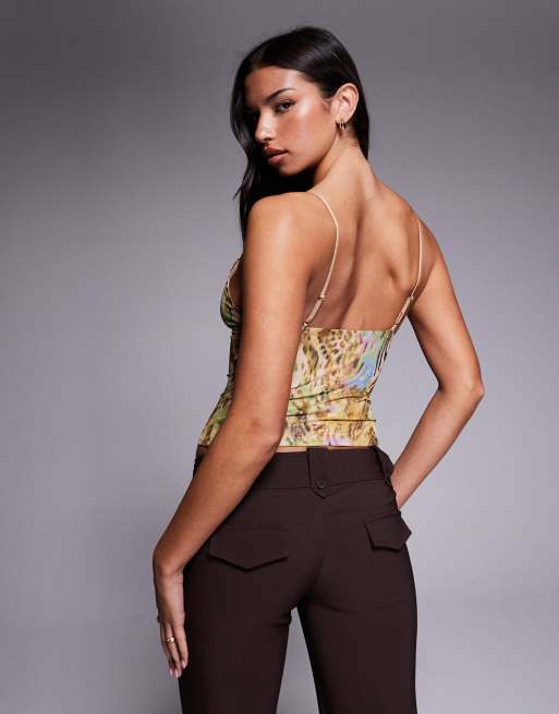 Tiger Mist Fenella sequin trim plunge cami top in vintage animal print, 3 of 4
