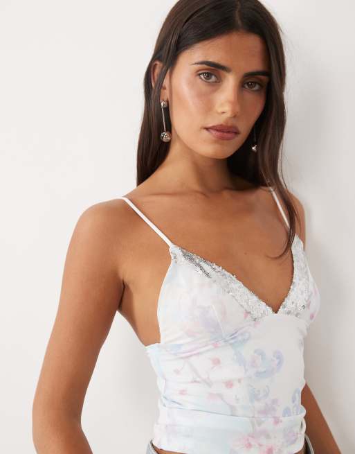 Tiger Mist Fenella sequin trim plunge cami top in vintage cherry floral