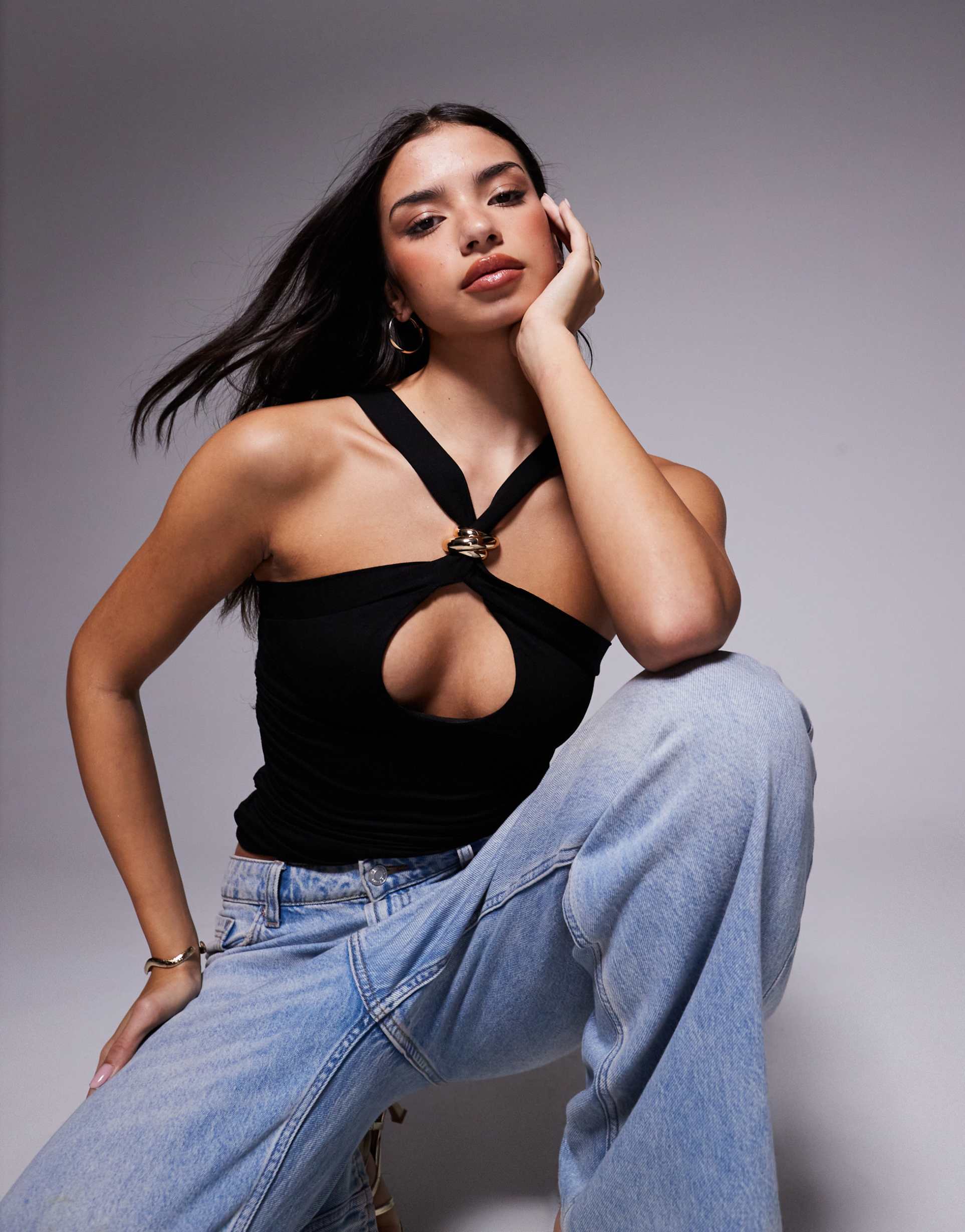 tiger mist finch gold-tone hardware keyhole detail halterneck top in black