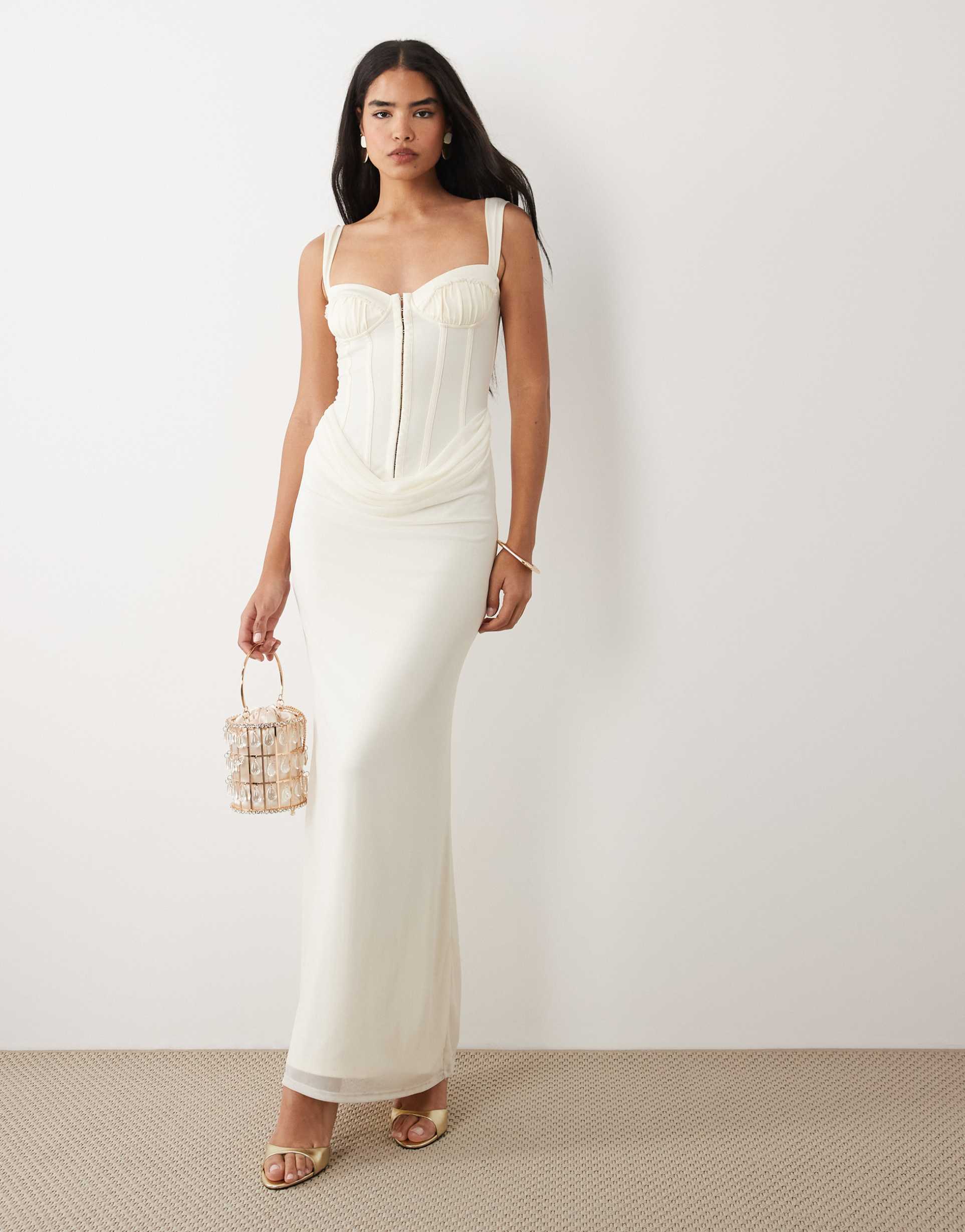 tiger mist ginny corset detail drape waist maxi dress in off-white
