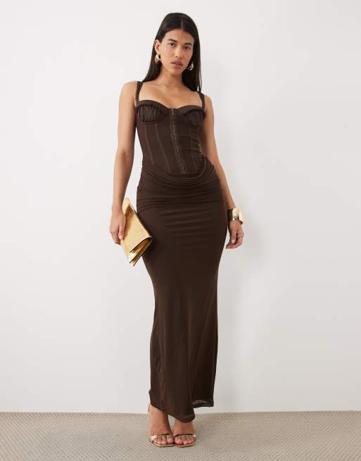 brown tiger mist dress Ginny corset detailing draped waist maxi in chocolate Azelma dress
