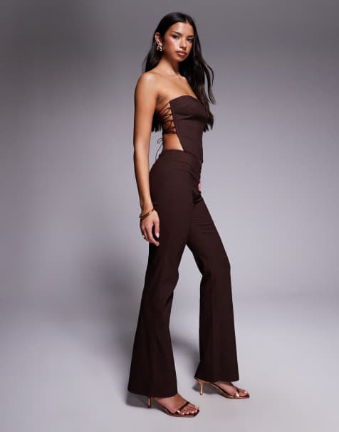 Tiger Mist Gwendolyn bandeau lace-up open back tailored top andlow-waisted flare pants set in brown pinstripe - view 1