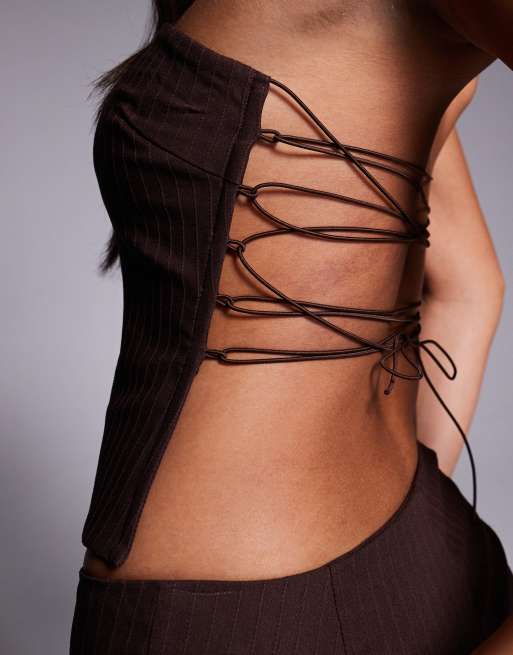 Tiger Mist Gwendolyn bandeau lace up open back tailored top co-ord in brown pinstripe, 2 of 4