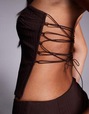 Tiger Mist Gwendolyn Bandeau Lace Up Open Back Tailored Top In Brown
