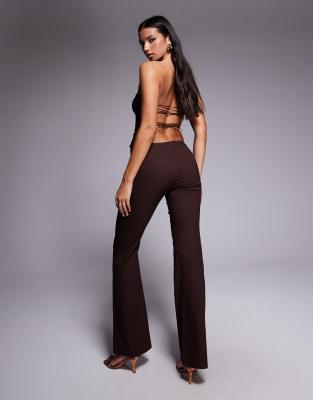 Tiger Mist Gwendolyn Tailored Low Rise Zip Front Detail Flare Pants In Brown