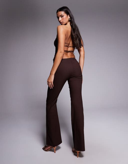 Tiger Mist Gwendolyn tailored low rise zip front detail flare pants in brown pinstripe - part of a set