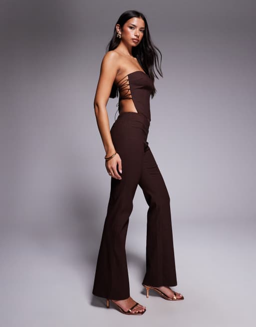 Tiger Mist Gwendolyn tailored low rise zip front detail flare pants in brown pinstripe - part of a set