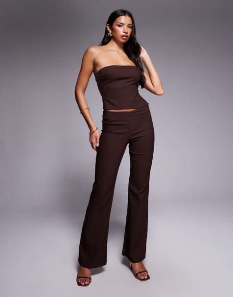 Tiger Mist Gwendolyn tailored low-waisted zip-front detail flare pants in brown pinstripe (Part of a set) - view 1