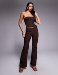[Tiger Mist] Tiger Mist Gwendolyn tailored low-waisted zip-front detail flare pants in brown pinstripe (Part of a set) M BROWN