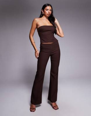 Tiger Mist Tiger Mist Gwendolyn tailored low waisted zip front detail flare trousers co-ord in brown pinstripe