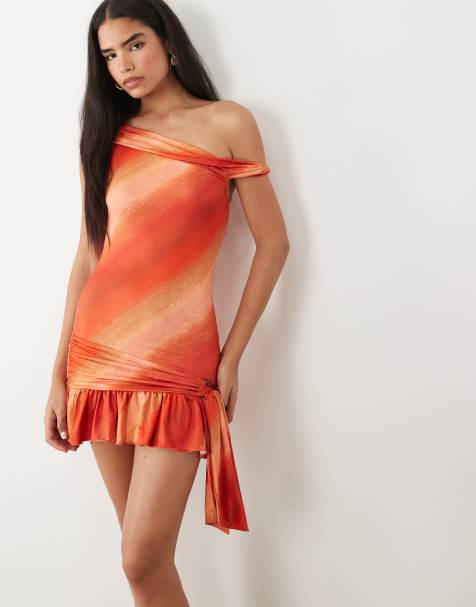 Tiger Mist Haelo bardot twist off shoulder tie waist drape detail ruffle hem mini dress in sunrise glitter stripe - view 1