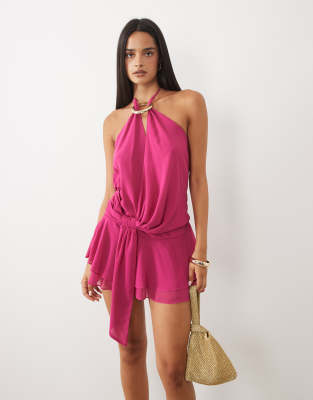 Tiger Mist Indigo 2.0 Halterneck Drape Tie Side Multiway Chiffon Mini Dress In Pink