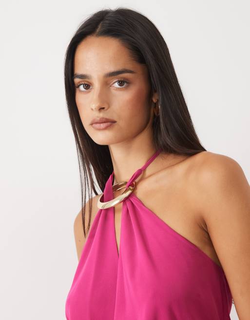 Tiger Mist Indigo 2.0 halterneck drape tie side multiway chiffon mini dress in fuchsia, 3 of 4
