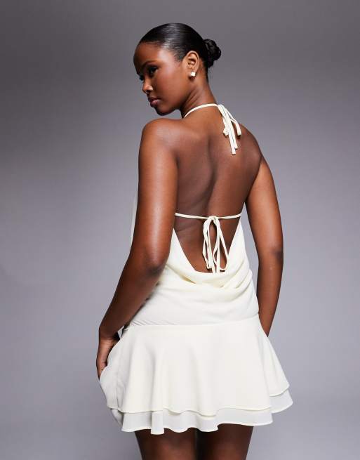 Tiger Mist Indigo 2.0 halterneck drape tie side multiway chiffon mini dress in off white, 2 of 4