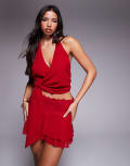 [Tiger Mist] Tiger Mist Indigo wide lace waistband tiered chiffon mini skirt in red (part of a set) L RED