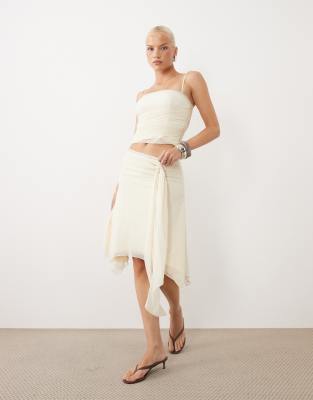 Tiger Mist Juna Asymmetric Hem Drape Waist Detail Midi Skirt Co-ord In White