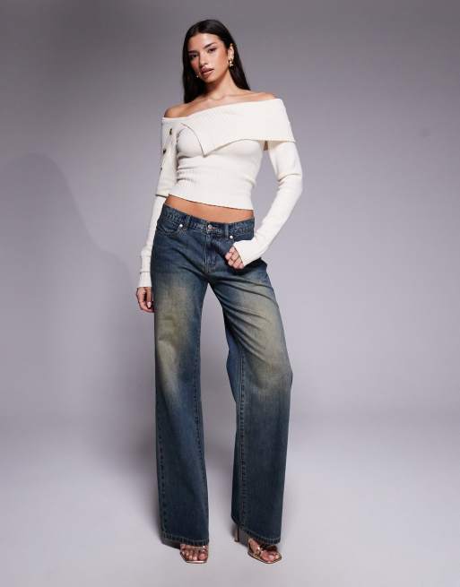 Tiger Mist Keira bardot foldover ribbed trim asymmetric button detail jumper in cream, 2 of 4