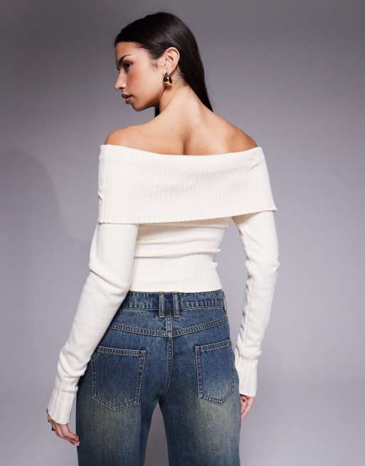 Tiger Mist Keira bardot foldover ribbed trim asymmetric button detail jumper in cream, 3 of 4