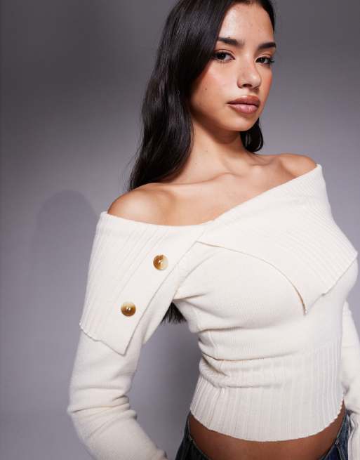 Tiger Mist Keira bardot foldover ribbed trim asymmetric button detail jumper in cream, 4 of 4