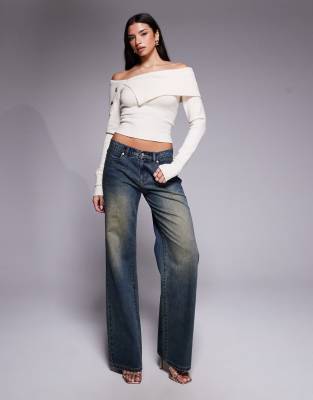 Tiger Mist Keira Bardot Foldover Ribbed Trim Asymmetric Button Detail Sweater In White