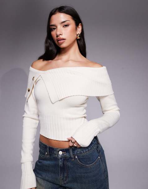 Tiger Mist Keira bardot foldover ribbed trim asymmetric button detail jumper in cream