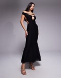 [Tiger Mist] Tiger Mist Kerrigan bardot keyhole open back strap detail fishtail maxi dress in black XS BLACK