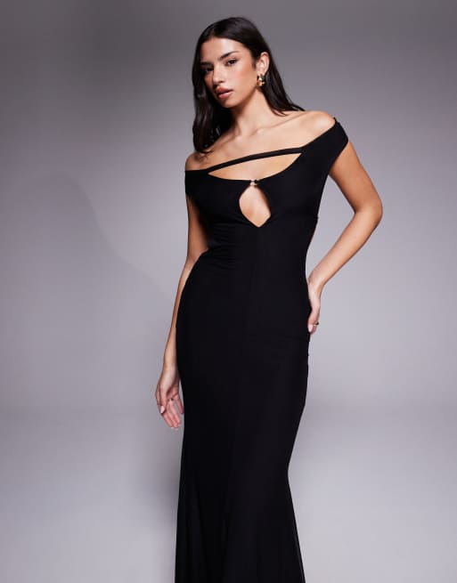 Tiger Mist Kerrigan bardot keyhole open back strap detail fishtail maxi dress in black, 2 of 4