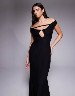 Tiger Mist Kerrigan Off The Shoulder Keyhole Open Back Strap Detail Fishtail Maxi Dress In Black