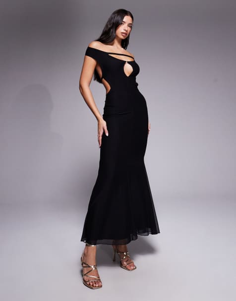 Tiger Mist - Kerrigan - Robe longue sirène avec dos nu à bretelles et décolleté Bardot à ouverture goutte d'eau - Noir - view 1