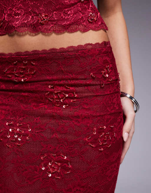 Tiger Mist - Kirra - Jupe d'ensemble mi-longue en dentelle à sequins - Rouge, 3 de 5