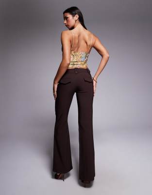 Tiger Mist Kittie Low Rise Tailored Button Detail Flared Pants In Brown