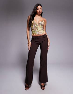 Tiger Mist Tiger Mist Kittie low waisted tailored button detail flared trouser in chocolate-Brown