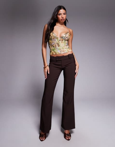 Tiger Mist Kittie low waisted tailored button detail flared trouser in chocolate - view 1