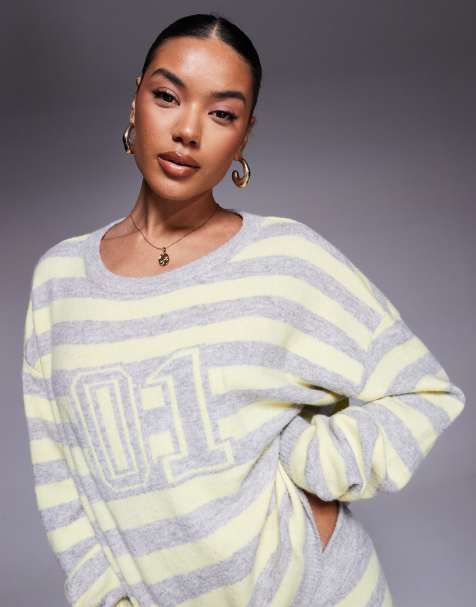 Tiger Mist Koa wool feel knitted logo detail jumper in yellow and grey stripe (part of a set) - view 1