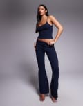 [Tiger Mist] Tiger Mist Leora super soft knit tie detail low waisted flare pants in navy (part of a set) L BLUE